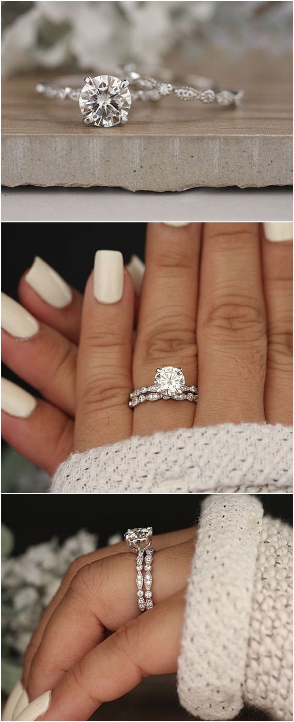 Wedding Ring Set, Moissanite 14k White Gold Engagement Ring, Round 8mm Moissanit...