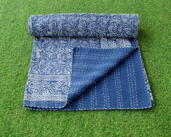 Twin Size Kantha Quilt Indigo Cotton Sari Kantha Blanket Indigo Dyed Cotton Kantha Bedspread Kantha Throw Natural Color Kantha Bed Cover