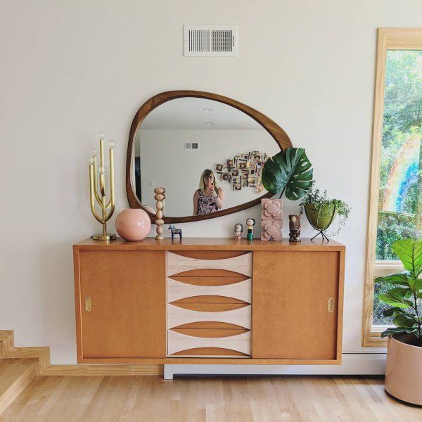 Mid Century Asymmetrical Acorn Wood Wall Mirror Interior Design Foyer Table Decor Modern Mid Century Interior Design, Mid Century Asymmetrical Wall Mirror Acorn