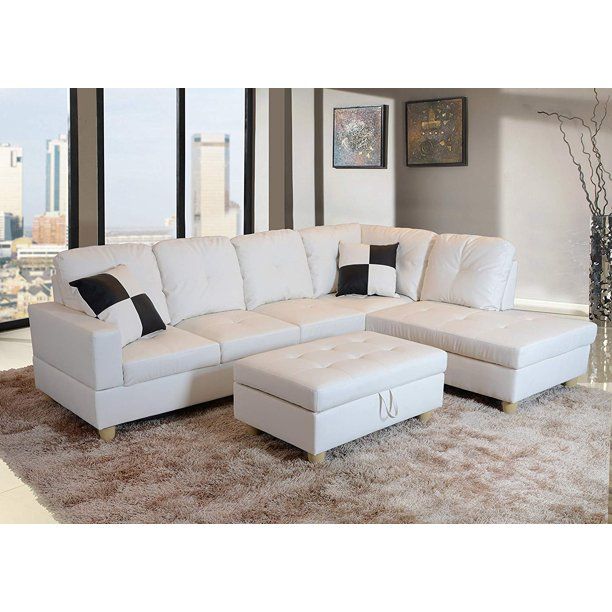 Ponliving Furniture Raphael White Faux Leather Right Facing Sectional Sofa With Ottoman Ot Chaise Sectional Sofa, Modern White Faux Leather Sectional Sofa
