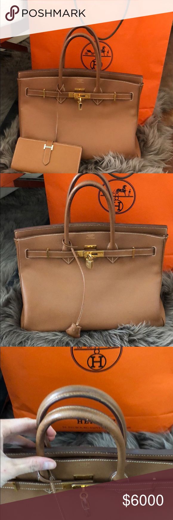 Hermes birkin and matching wallet 100% authentic courchevel hermes birkin 35 and matching wallet.got it 2002 in japan but lost the paper.stamp f square.the purse been refurbished once by hermes just 6 months ago.still have the receipt for that.i paid 720 just for refurbishment,wanna get another hermes so let this one go for good price.please take a good look at the pic.there is some missing stich on the wallet,and pen mark inside the bag but overall still in good condition.price is firm Hermes Bags Satchels