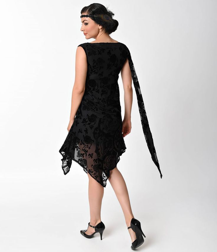 1920s Style Black Burnout Velvet Flapper Dress 1920s Style Black Burnout Velvet Flapper Dress
