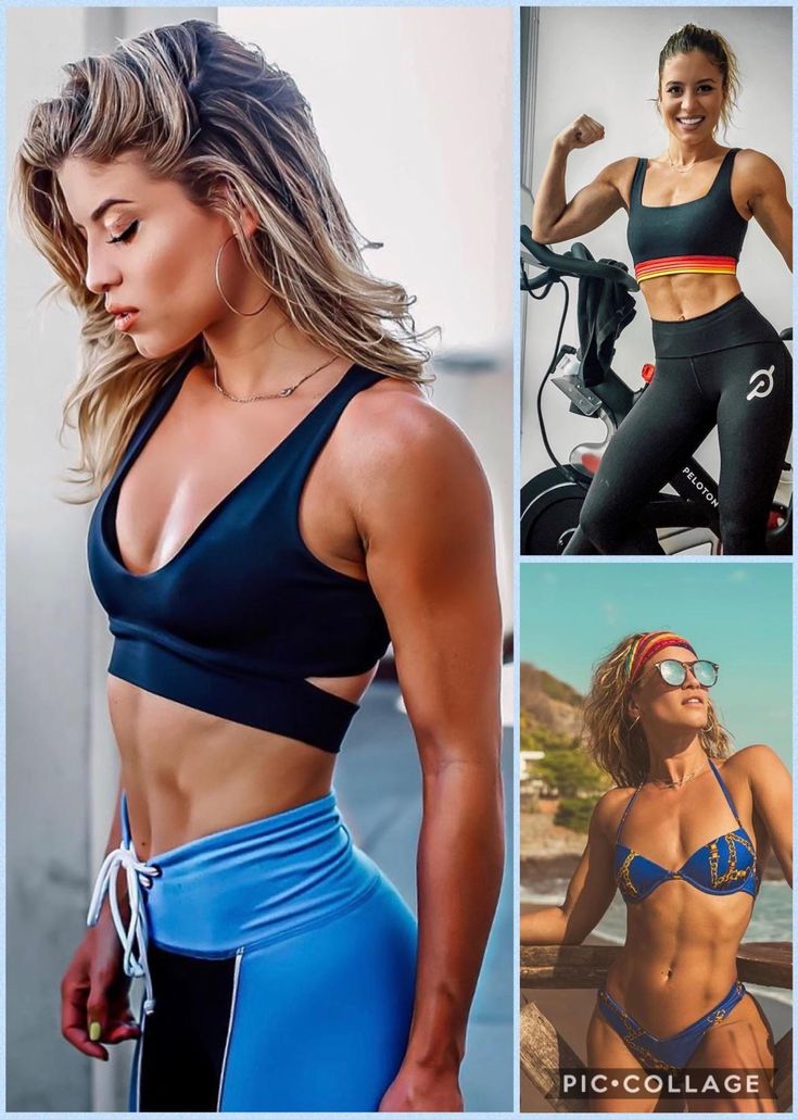 the woman is posing for pictures in her sports bra top and leggings, while wearing
