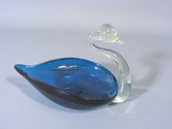 Collectible Glass Green and Clear Glass Swirl Original Murano Sticker Murano Glass Swan Candy or Trinket Dish Tealight Holder Vintage