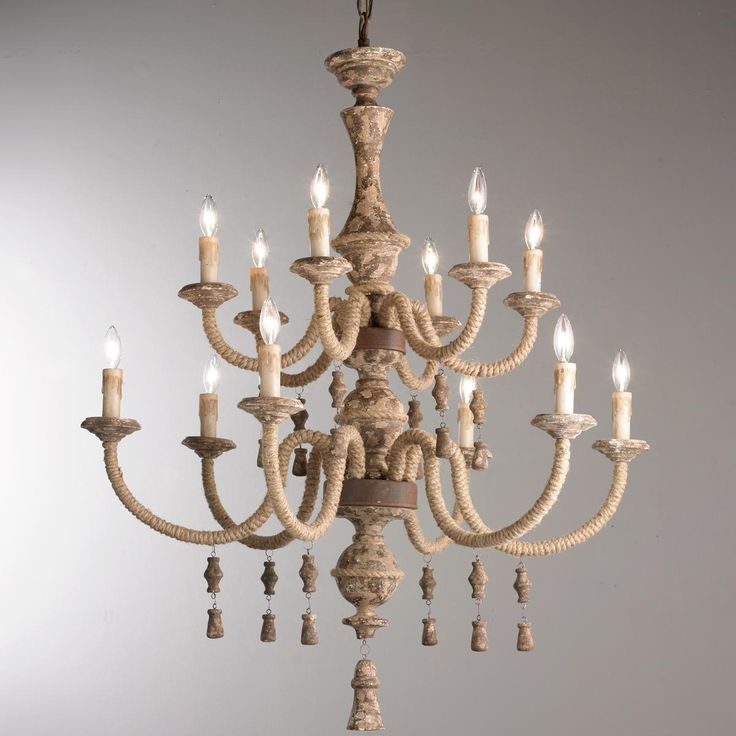 Jute Rope Wrapped Wood And Iron Chandelier Chandeliers Iron Chandelier Chandeliers, Carved Wood Tassel Chandelier