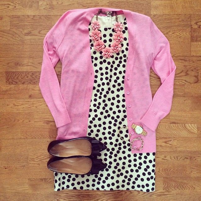 Polka Dot Dress, Pink Cardigan, Pink Flower Necklace, J.Crew Emery Bow Flats | #… Polka Dot Dress, Pink Cardigan, Pink Flower Necklace, J.Crew Emery Bow Flats | #…