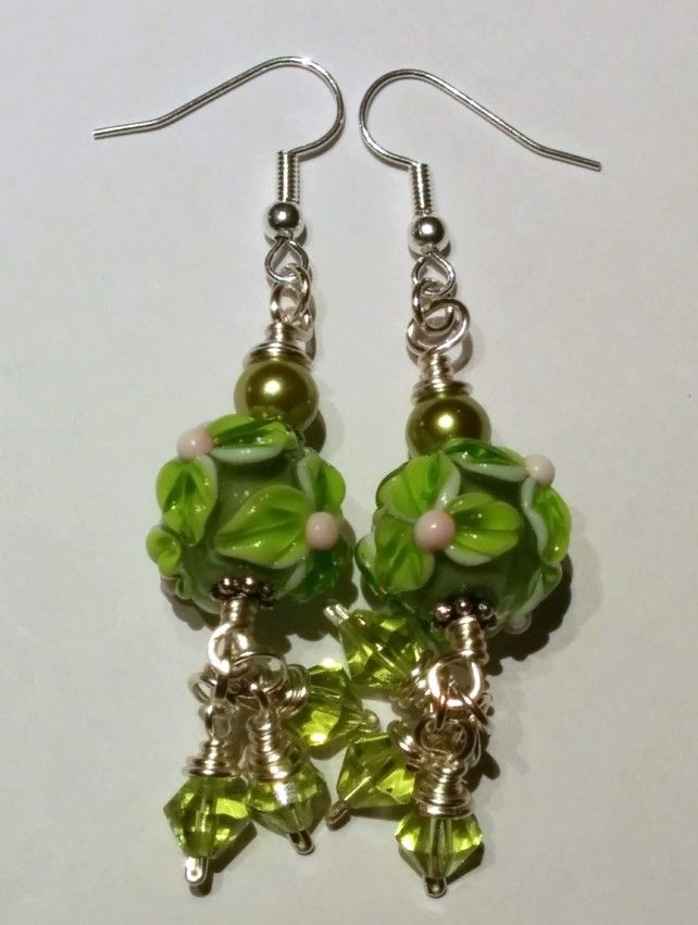 Handmade Copper Earrings with White Lampwork Glass Flower Bud Beads UK Seller