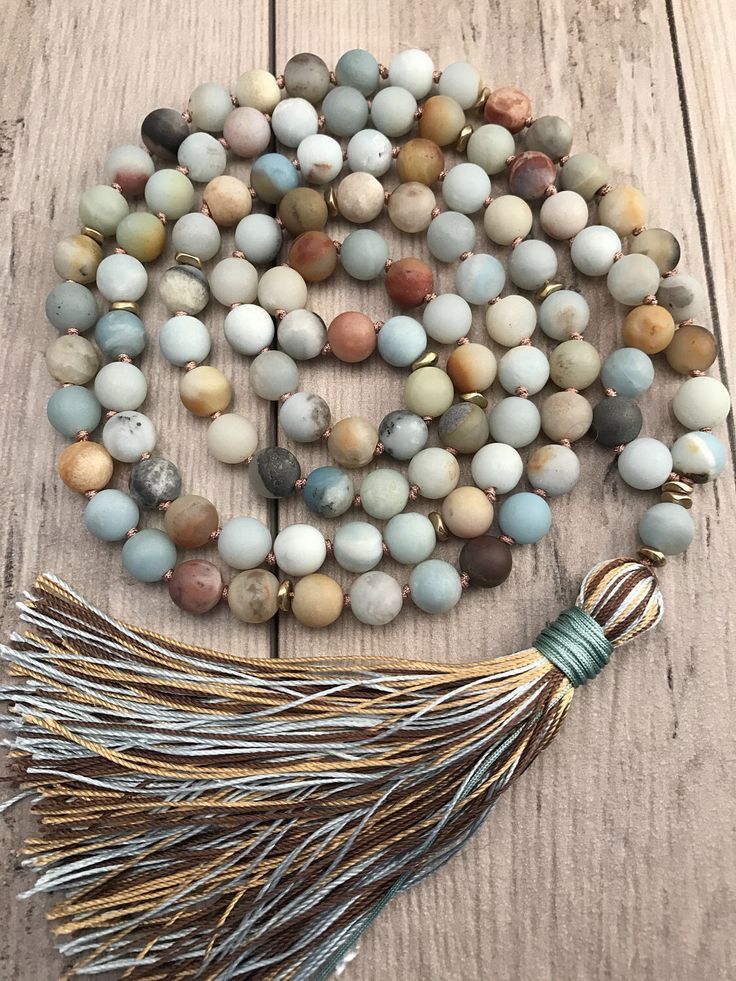 Amazonite Mala Bead Necklace 108 Mala Beads Mala Necklace Silk