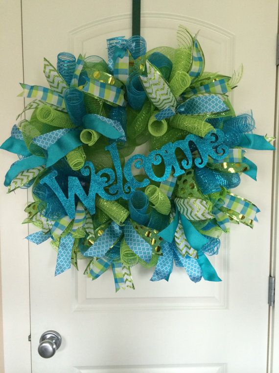 Spring Wreath Summer Deco Mesh Welcome Spring Wreath Summer Deco Mesh Welcome Everyday Teal Lime Green Front Door Burlap Tulle