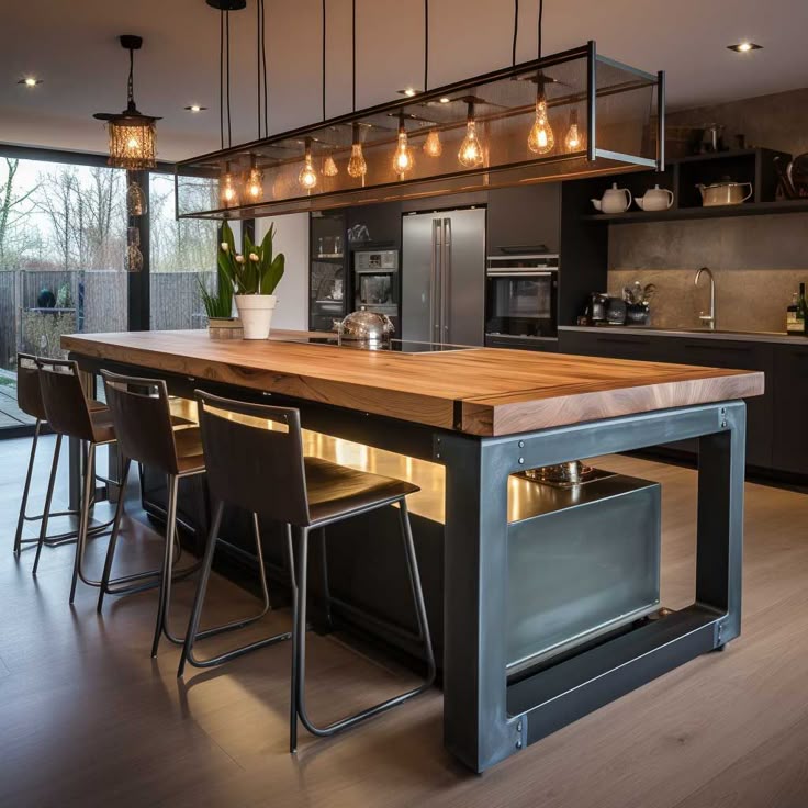 A Kitchen Island With Lights Hanging Above It A Kitchen Island With Lights Hanging Above It