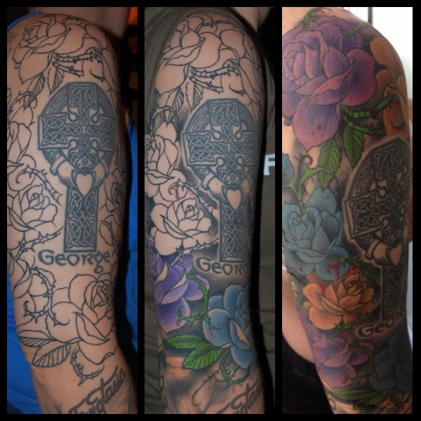 Upper Arm Celtic Cross Claddagh Done By OZ At Cottage Thirteen Bloody Roses Evan Dowdell Time Will Tell Tattoo Upper Arm Celtic Cross Claddagh Done By OZ At Cottage Thirteen Bloody Roses Evan Dowdell Time Will Tell Tattoo