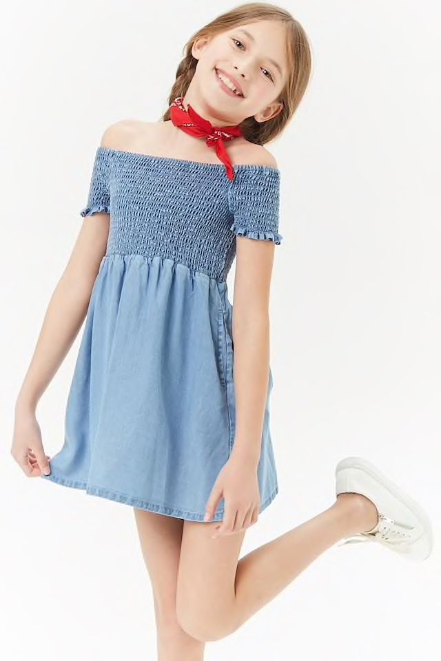 Lovely!Girls Chambray Smocked Off-the-Shoulder Dress (Kids ...