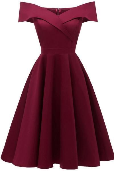 Burgundy Off-the-shoulder Satin A-line Prom Dress