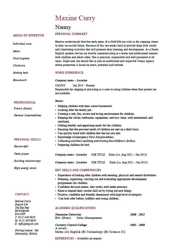 nanny resume example sample basitting children professional for templates personal services resumes myperfectresume