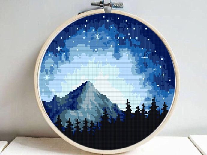 Starry Night Modern Cross Stitch Pattern Nature Easy Counted
