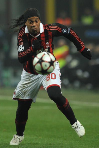 Ronaldinho of AC Milan celebrates the opening goal during the UEFA