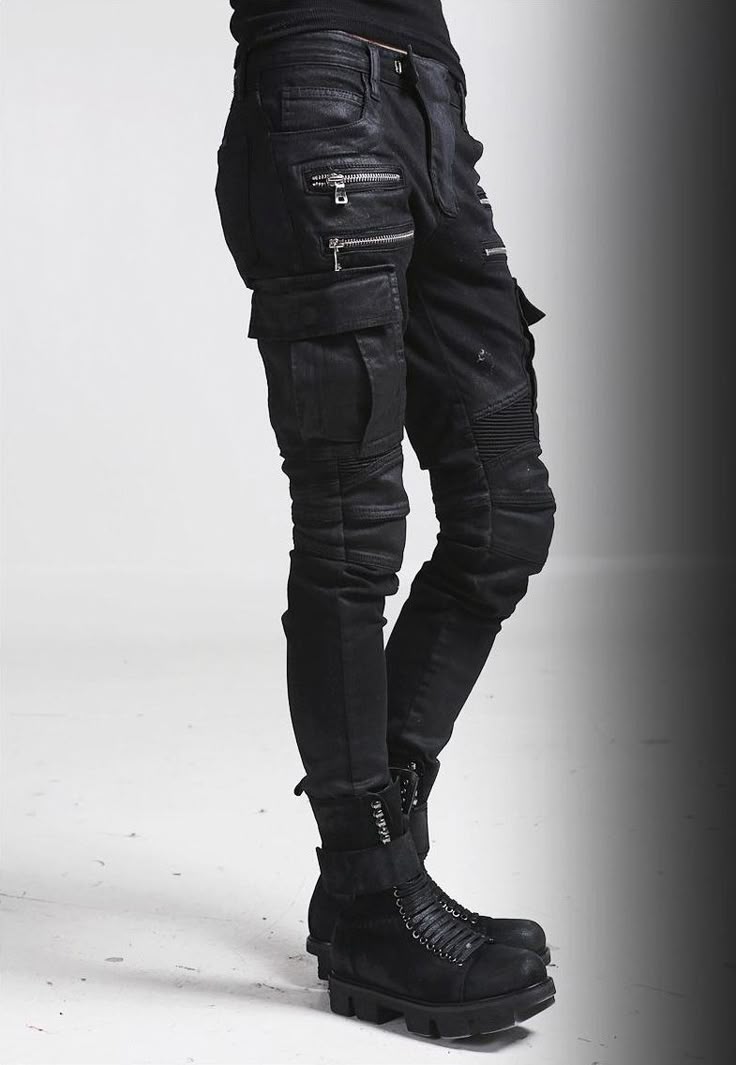 Nyfashioncity Mens Black Wax Coated Cargo Pants Fashion Biker Jeans | NYFashionC...