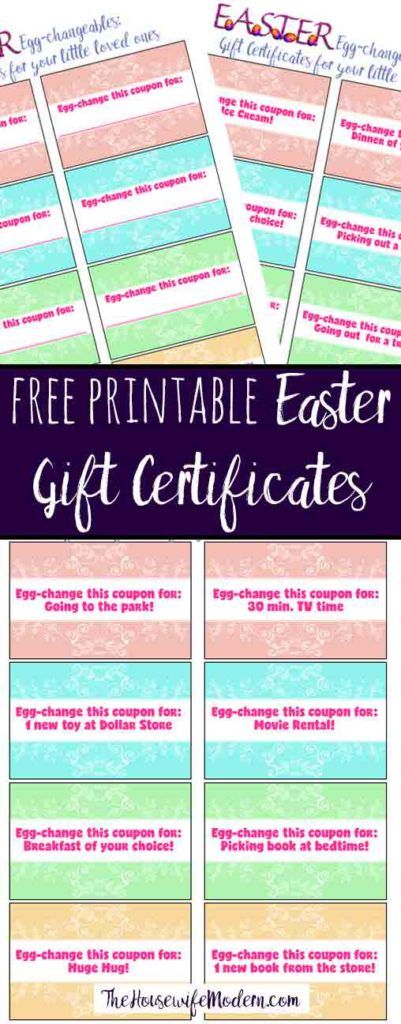 Free Printable Easter Gift Certificates for kids. Pre-filled certificates and blank ones you can fill out yourself. Put in eggs for an easter hunt or in Easter basket.