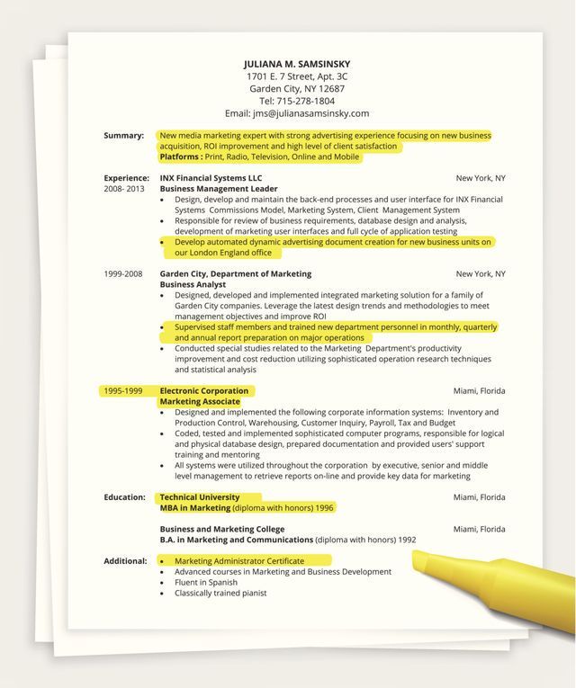 Tips for Writing a One Page Resume: Create a short version of your resume by including your most relevant skills and experience.