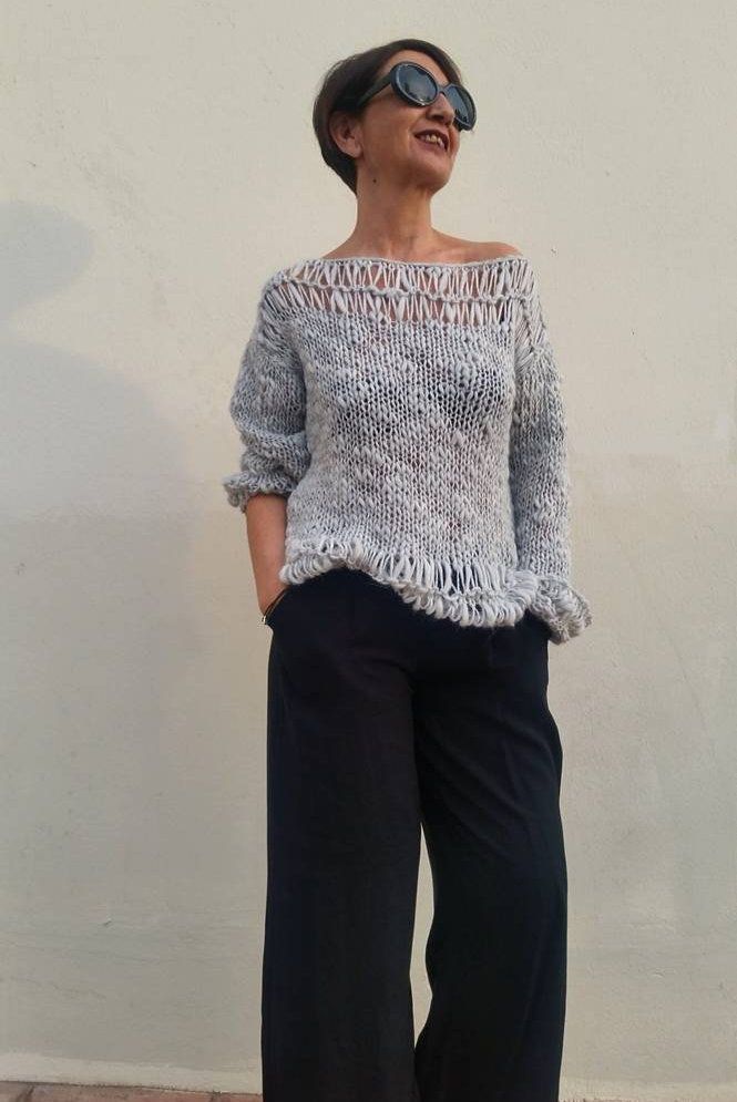 Loose grey knit sweater grey off shoulder sweater, women wool sweater,minimalist knit pullover women knit pullover