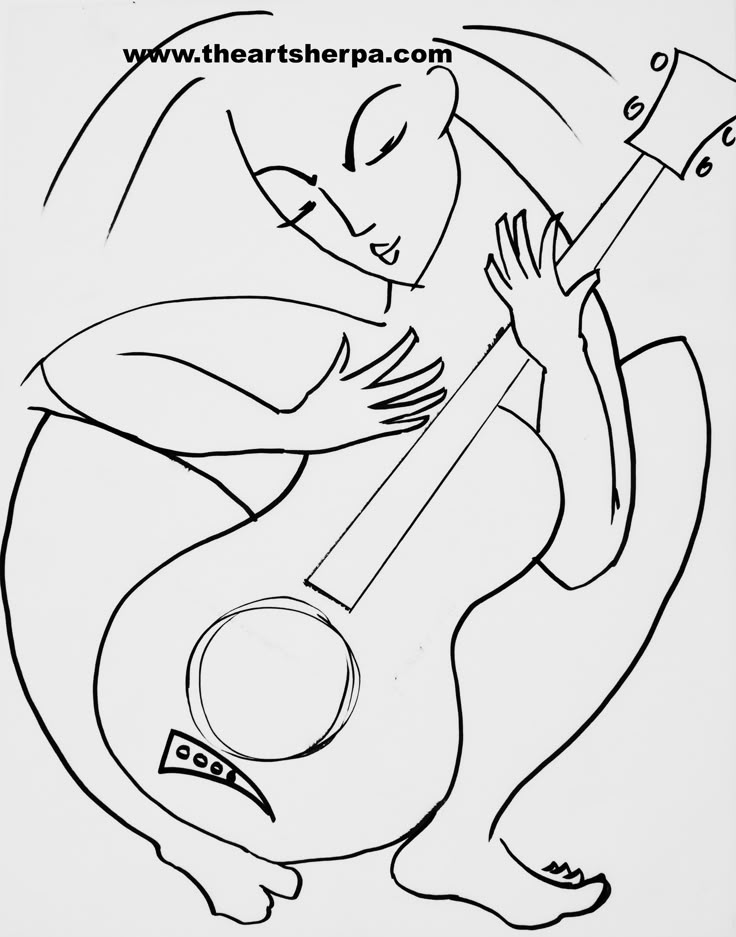 a black and white drawing of a woman playing the guitar with her hands on it