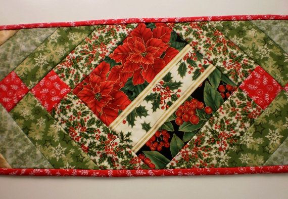 Christmas patchwork tablerunner. Traditional green red and cream, holly, poinsettias. Xmas handmade quilted table runner