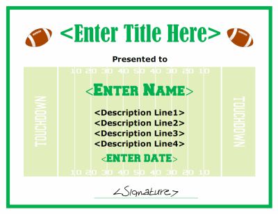 Free printable football award certificate in PDF and DOC format. The design is generic so it could be used for a participation award, MVP award, etc. Free downloads at http://mycertificatetemplates.com/download/football-certificate/