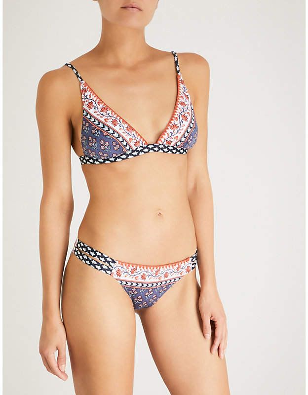 Tigerlily Ladies Washed Indigo Floral Classic Dharma Longline Triangle Bikini To...
