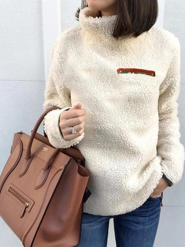 TOTOD Women Plush Tops Pullover Casual Solid Long Sleeve Jumper Sweaters Teddy Warm Soft Top Knitwear