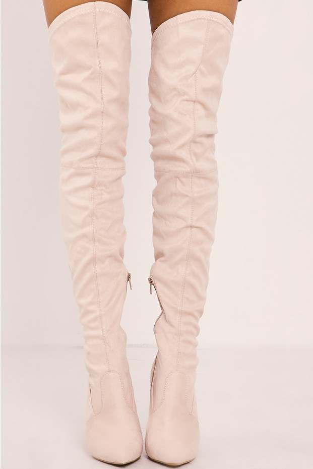 cream faux suede over the knee heeled boots | Boots, Heeled boots, Faux ...
