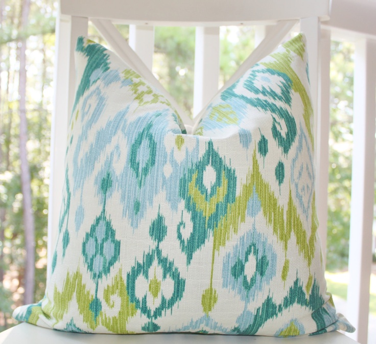 Decorative Pillow Ikat Baby Blue Turquoise Teal Chartreuse Green Ivory Designer Pillow Cover ...