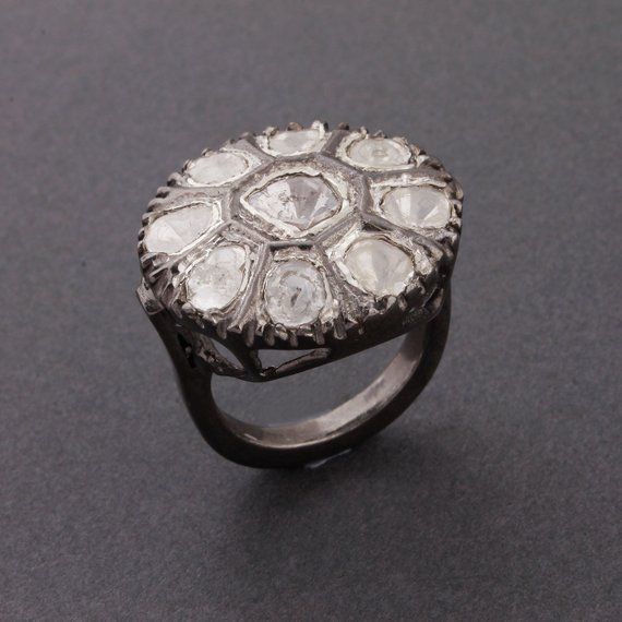 Beautiful Victorian 18k Gold /& Silver Rosecut Diamond and Diamond Polki Gemstone New Attractive Ring