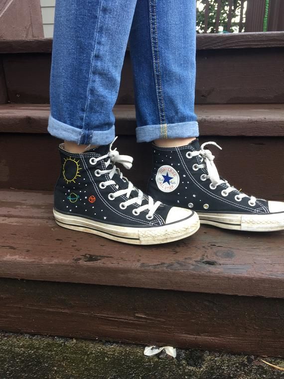 Hand Embroidered Black Space Converse Etsy In 2021 Embroidered Shoes Converse Black High Top Converse Outfits