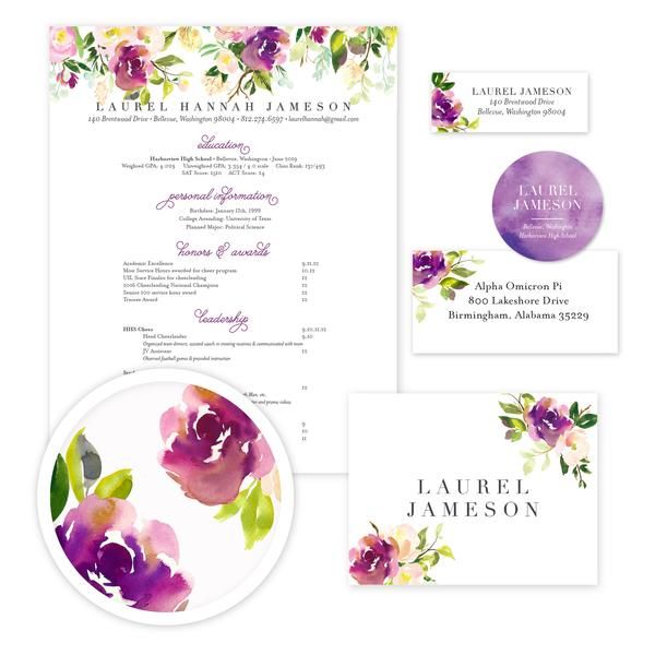 Graceful Bouquet Sorority Packet // Our complete sorority packets include designs for your resume, cover letter, mailing labels, return address labels, personal stickers to label your sorority headshots, and thank you notes—everything you need to gather letters of recommendation for sorority recruitment! sororitypackets.com