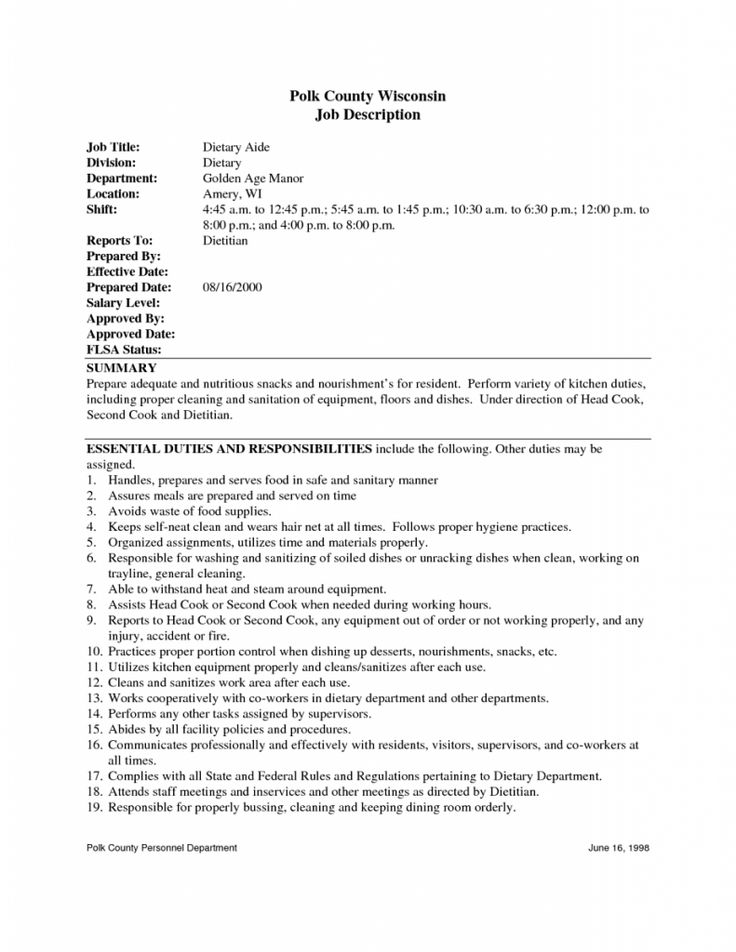 Dietary Aide Sample Resume Dietary Aide Resume Responsibilities