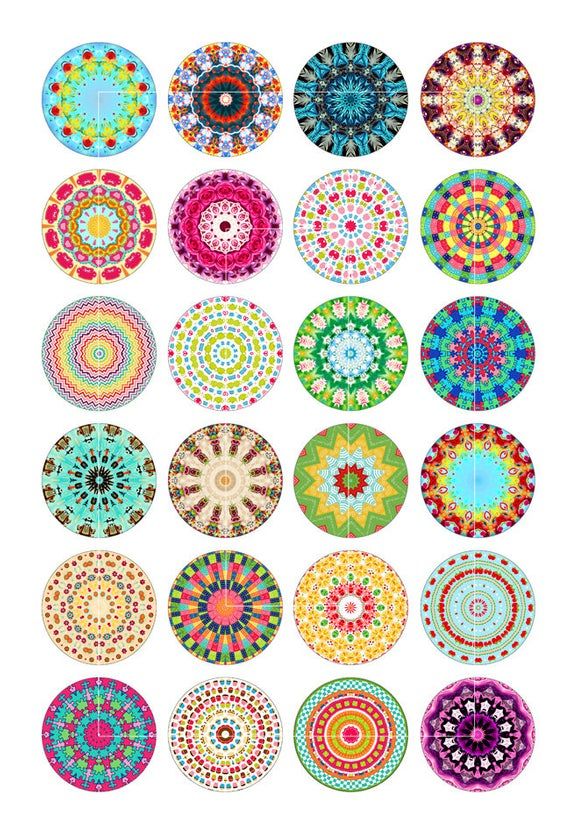 Kaleidoscope Designs Digital Collage Sheet 1 25mm 1 5 Mandala Printable Circle Images For Pendants Instant Download Disenos De Unas Circle Mandala Arte De Tapas De Botella