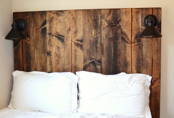 Rustic Vertical Grain Wood Headboard with lighting | The house by the lake | Headboard with