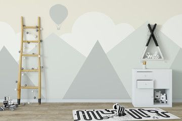 mock up wall in child room interior. Interior scandinavian style. 3d rendering, ...