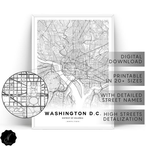 Washington Dc Map Gifts Printable Wall City Art - Washington Dc Map Wall Art Washington Dc Map Gifts Printable Wall City Art - Washington Dc Map Wall Art