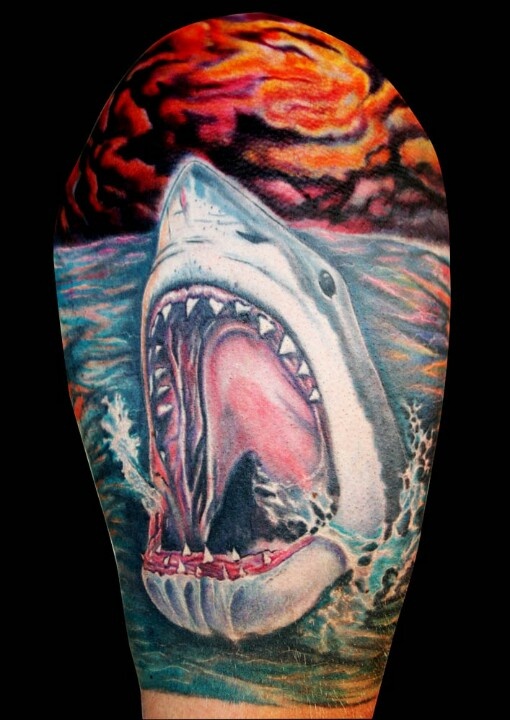 great white shark tattoo left arm 32 hours over 5 years great white shark tattoo left arm 32 hours over 5 years