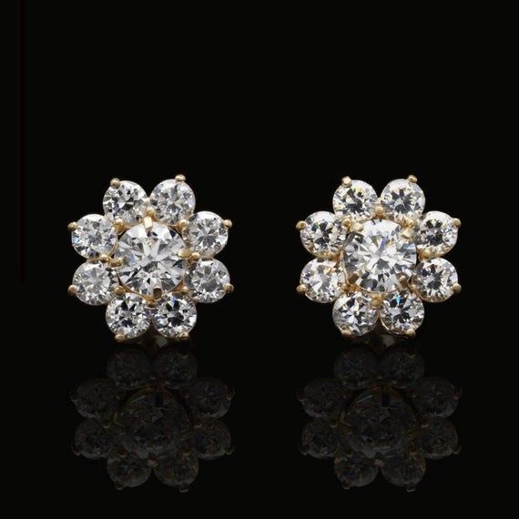 0.66 TCW Created Sapphire Three Stone Round Earrings Solid 14K Yellow Gold Studs 0.66 TCW Created Sapphire Three Stone Round Earrings Solid 14K Yellow Gold Studs