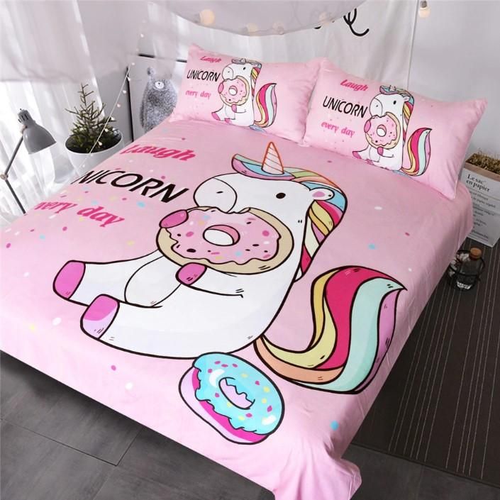 Cute Unicorn Bedding Sets Duvet Cover Rainbow Hair Kids Colorful Pink Blue Girly Bedspreads Donuts Twin Full Queen King Size Bed Set Bedroom Decor Cute Unicorn Bedding Sets Duvet Cover, Pink Unicorn Bedding Twin