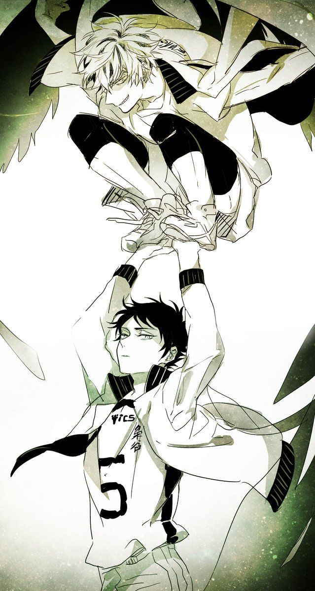 two anime characters are standing next to each other
