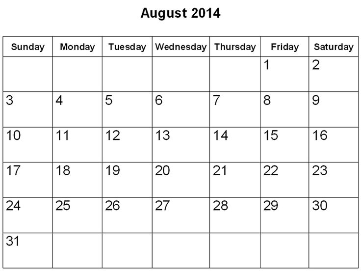 calendar for august 2014