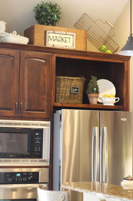 cute above the cabinet ideas and love how she took the cabinet doors off above - Decorating Ideas For Top Of Kitchen Cabinets cute above the cabinet ideas and love how she took the cabinet doors off above - Decorating Ideas For Top Of Kitchen Cabinets