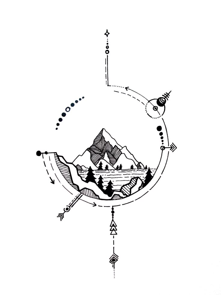 a black and white drawing of mountains with arrows in the middle, on a white background