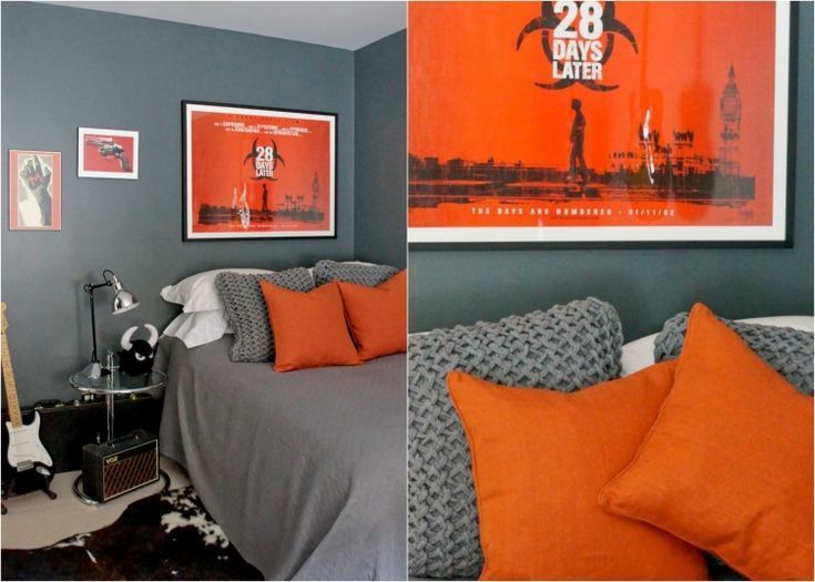 jugendzimmer-gestalten-wanddeko-junge-graue-wandfarbe-orange-poster-kissen - #ju