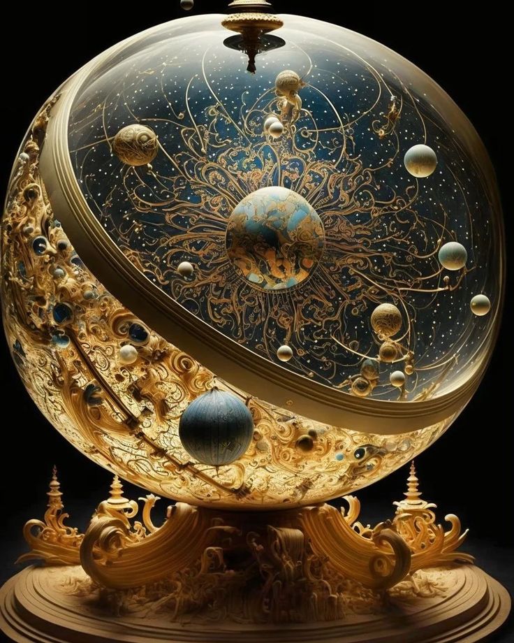 an intricately designed clock with planets and stars in the center, on display against a black background