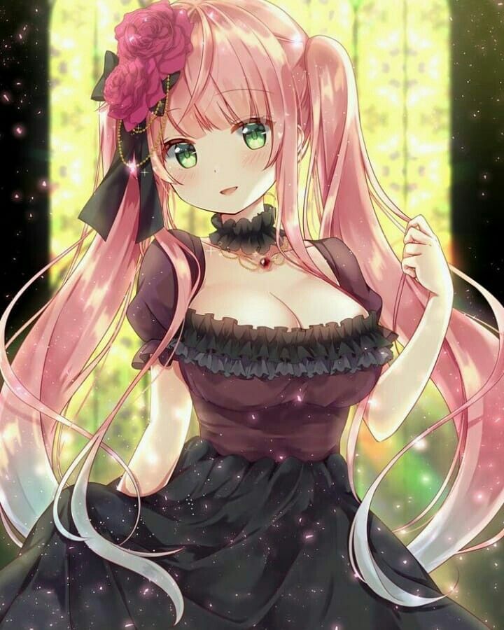 Anime girl with pink hair and green eyes