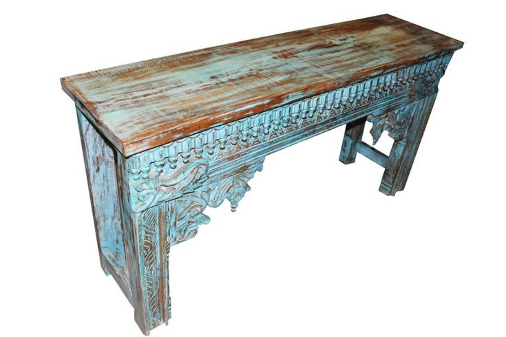 Accent Hall Table Teal Blue Console Beautiful Fl Carving Sofa Vintage Distressed Solid Wooden Rustic Farmhouse Tables Hall Table Rustic Sofa Tables, Teal Blue Console Table